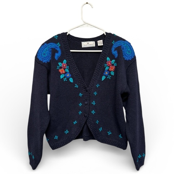 Vintage Sweaters - Vintage Maggie Lawrence Navy Blue Cardigan with Colorful Embroidery Size Medium